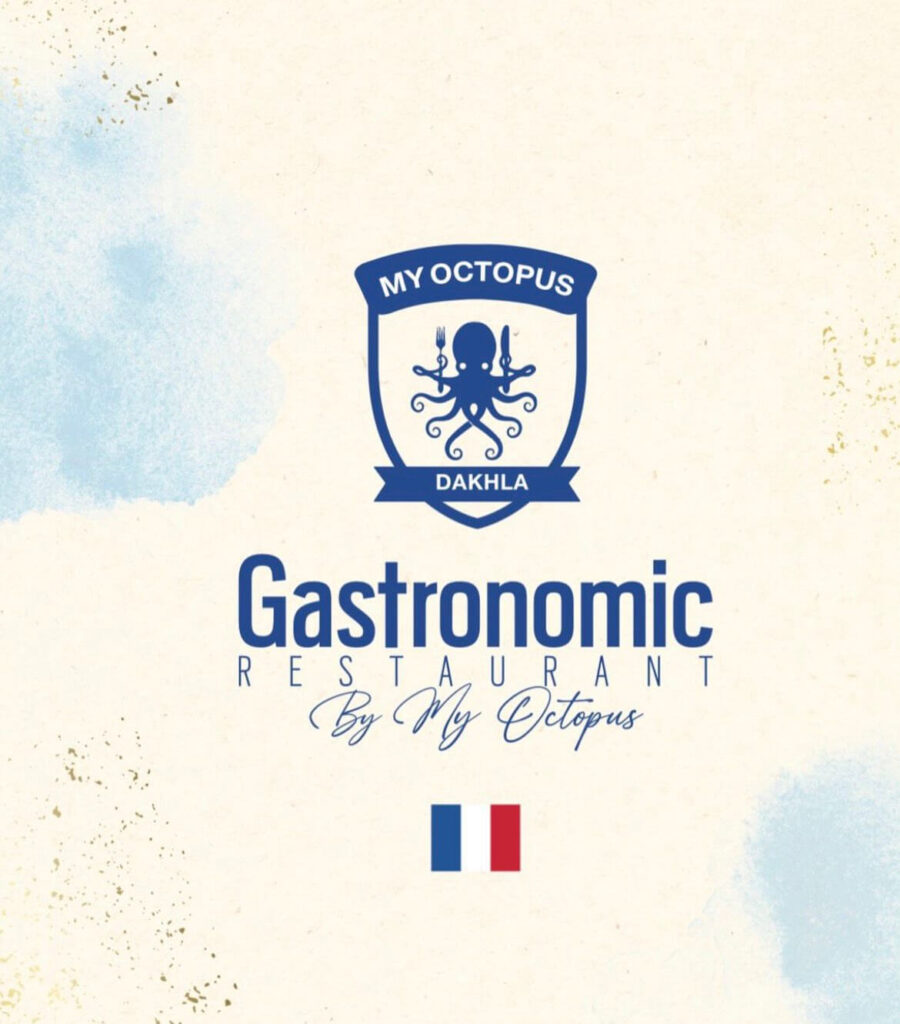 My Octopus Dakhla — Gastronomic Restaurant (French Inspiration) Brand poster showing the My Octopus Dakhla logo with an octopus holding a fork and knife, and the text “Gastronomic Restaurant by My Octopus,” with a small French flag below.
